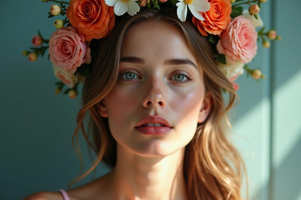 frau mit blumen auf dem kopf gemälde-Titel