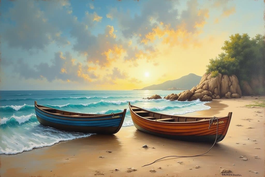 gemälde boote am strand-Titel